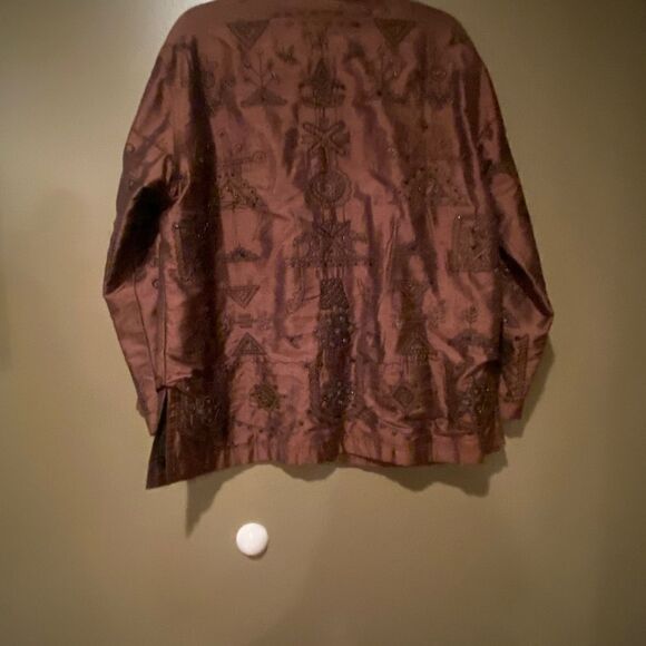 Chico’s Design 100% Silk Embroidery Blazer Jacket Size 2 (Large) Brown Beaded - Picture 7 of 15